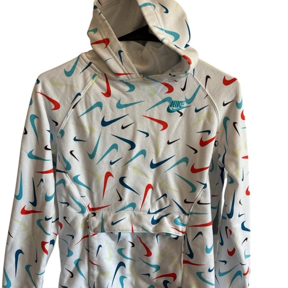 Nike Big Kids Hoodie Terry Pullover Swoosh Print White/Multi Unisex Size XL - Picture 1 of 7